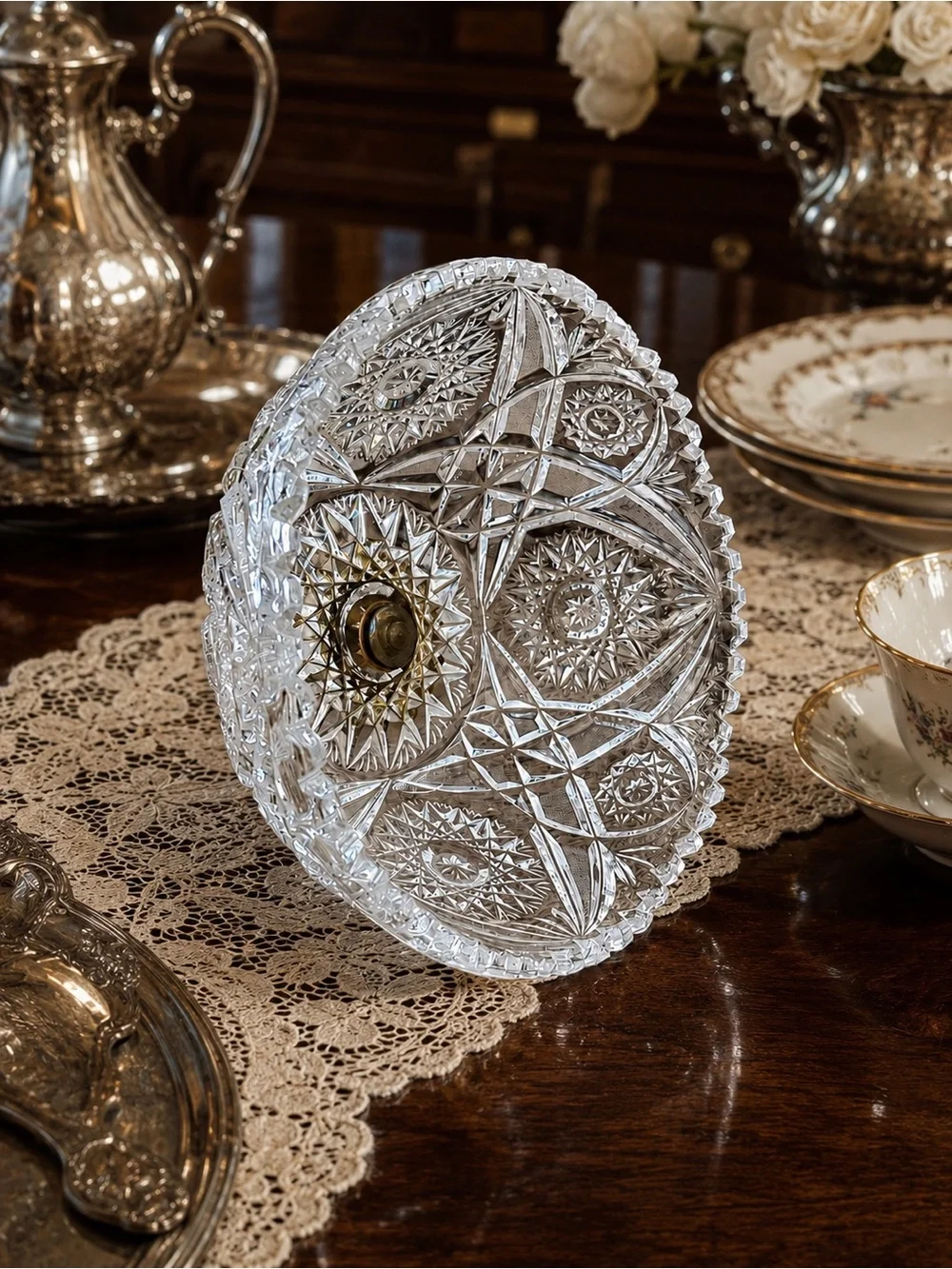 Vintage Cut Crystal Cloche with Ornate Brass Artichoke Finial